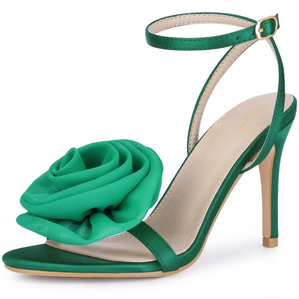 Satin Rose Flower Stiletto High Heel Slingback Heeled Sandals Dark Green